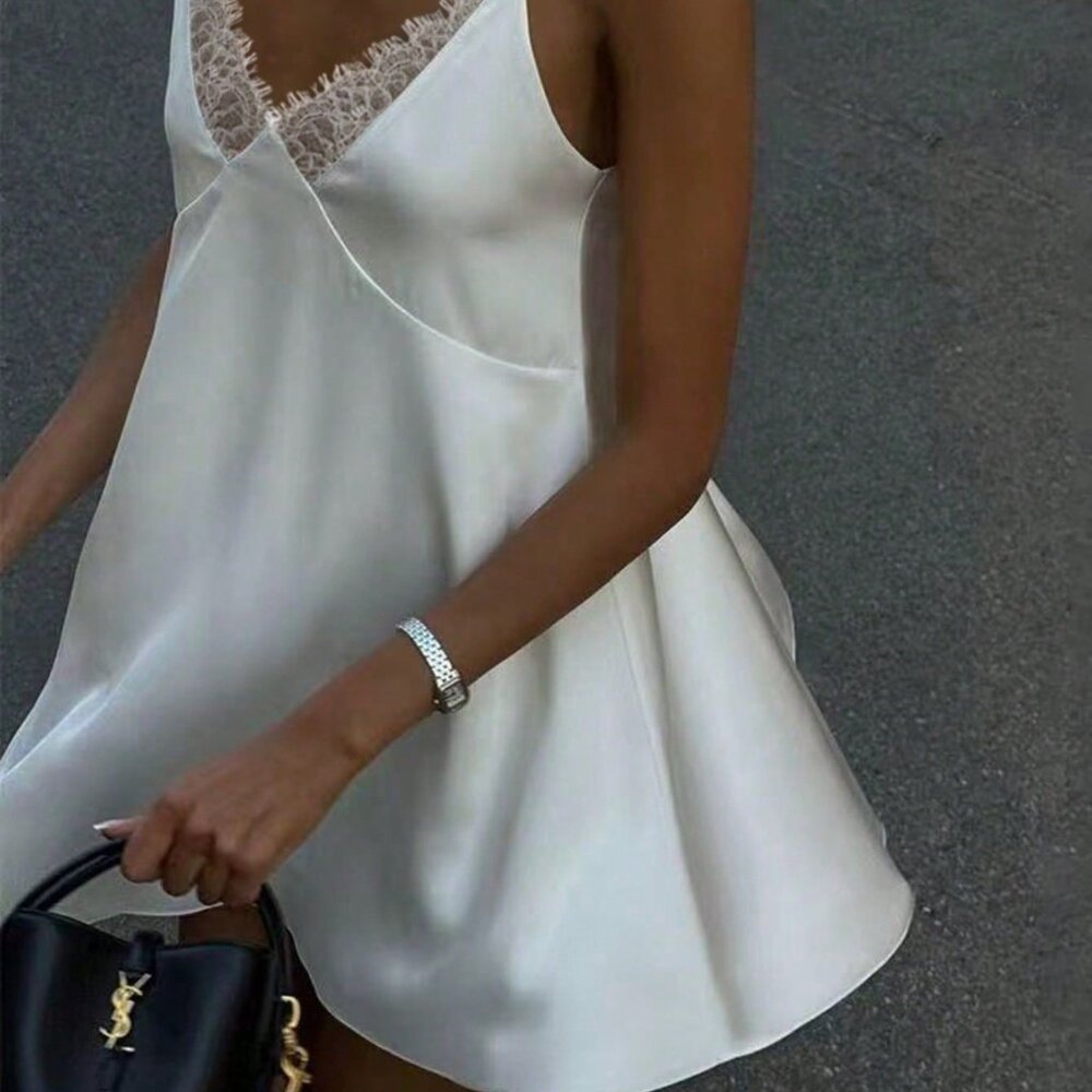 White Sexy Women's Lace Satin Backless Mini Dress - Picture 3 of 5